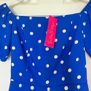 Lilly Pulitzer NWT Off-The-Shoulder Romper Blue Grotto/Hotter Spot  NWT Size 00